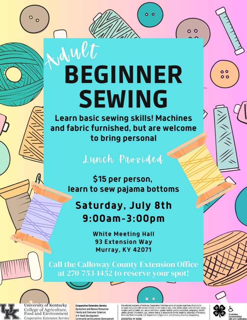 Information flyer about Adult Beginner Sewing Class