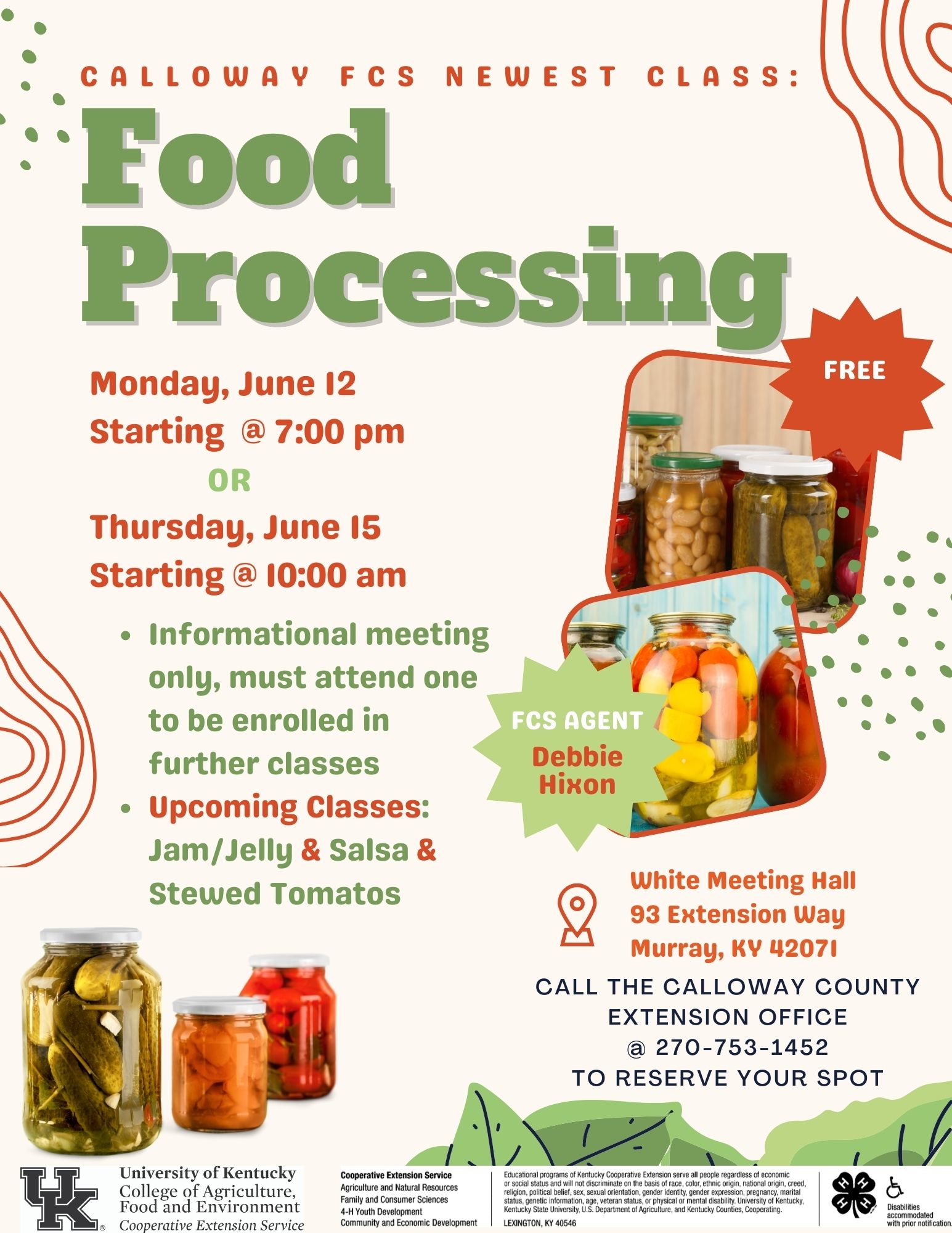Informational flyer about Food Processing Class